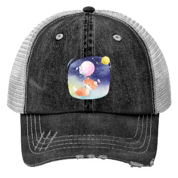 Discover Funny Happy Fox Flying to Sky Using Balloon Trucker Hats