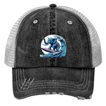 Discover Surfing elephant Trucker Hats