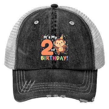 Discover Monkey 2nd Birthday Kids Two Years Old Trucker Hats