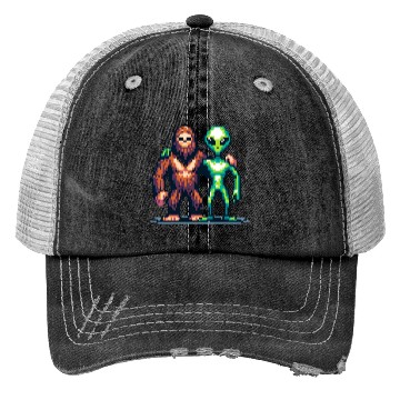 Discover Bigfoot and Alien Friends Pixel Art Trucker Hats