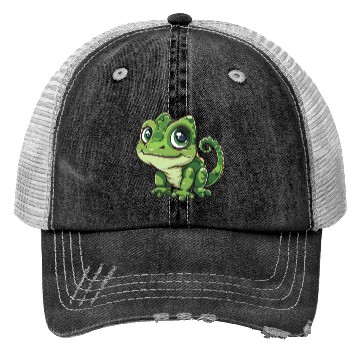 Discover Adorable Wide-Eyed Green Chameleon Trucker Hats