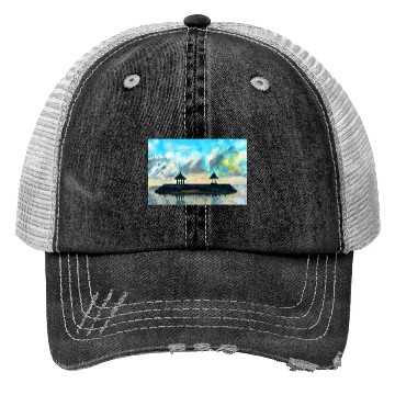 Discover Peaceful sunset on beach scene with acrylic Trucker Hats