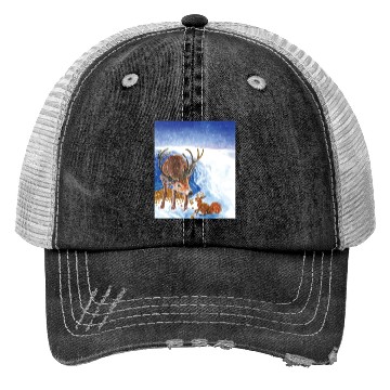 Discover Red Deer and Squirrel in Winter Illustration Trucker Hats