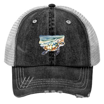 Discover Sea Turtle at the Beach in Watercolor Trucker Hats