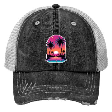Discover Miami Road into the Sunset 80s Synthwave Retro Trucker Hats