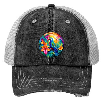 Discover circular-design-featuring-a-bustling-tropical Trucker Hats