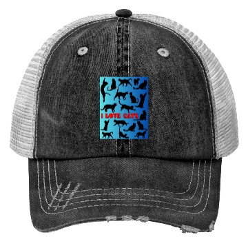 Discover Cat figures in black and blue Trucker Hats