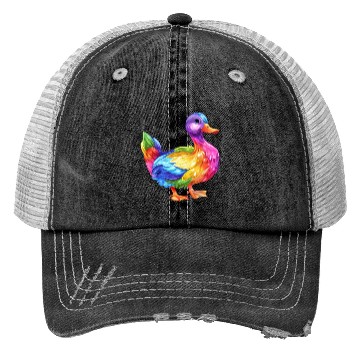 Discover Duck Rainbow Colorful Feathered Duck Illustration Trucker Hats