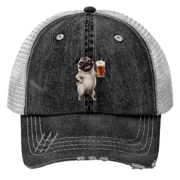 Discover Pug Drinking Beer Realistic Trucker Hats