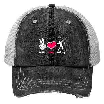Discover Bow Peace Love Archery Trucker Hats