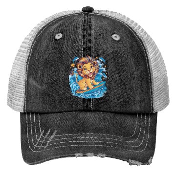 Discover Cute Surfing Lion Riding the Waves Trucker Hats
