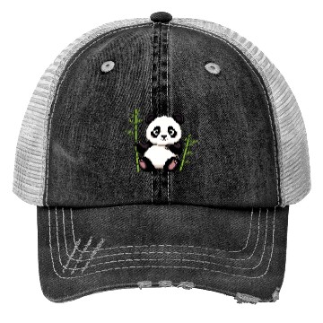Discover A pixel art of a panda with a bamboo leaf Trucker Hats