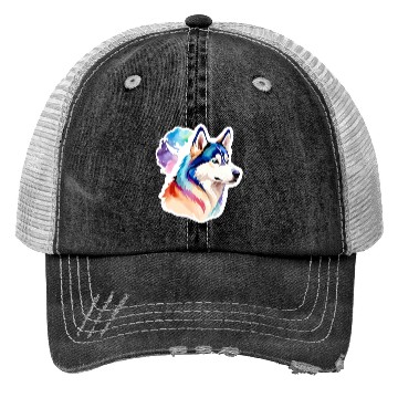 Discover Siberian Husky Watercolor Trucker Hats