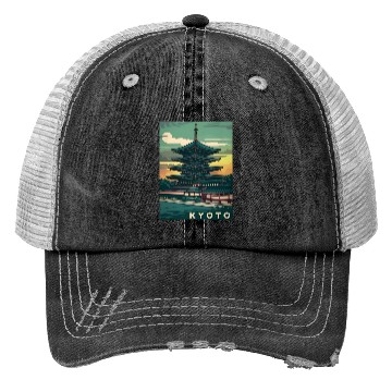 Discover Vintage Travel Kyoto Japan Sunset Retro Graphic Trucker Hats
