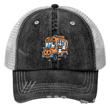 Discover Ghost Halloween School Bus Trucker Hats