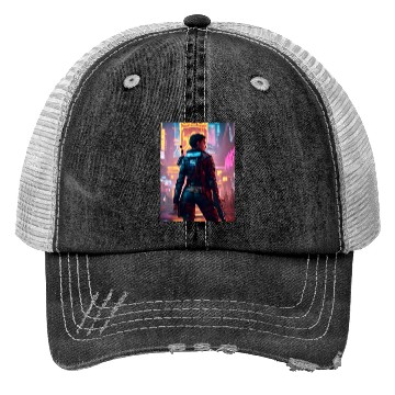 Discover Cyberpunk Warrior: Sentinel of the Neon Streets Trucker Hats
