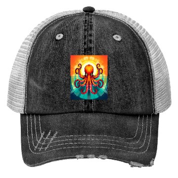 Discover Octopus Vibrant Geometric Deco Style Trucker Hats