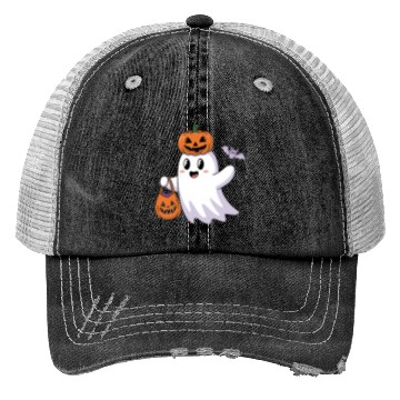 Discover Cute Halloween Ghost with Pumpkin and Bat Trucker Hats