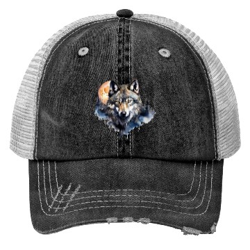 Discover Wolf Portrait Under Full Moon Design Trucker Hats