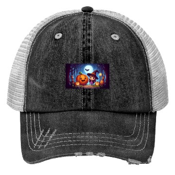 Discover Halloween Witch and Jack-o'-Lantern Scene Trucker Hats
