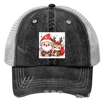 Discover Festive Santa and Reindeer Illustration Trucker Hats