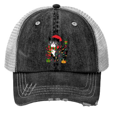 Discover Cute Christmas Cat Design - Festive Lights Trucker Hats