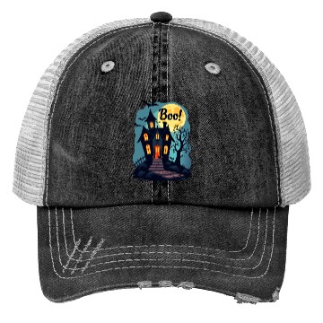 Discover spooky haunted house with a black cat sitting Trucker Hats