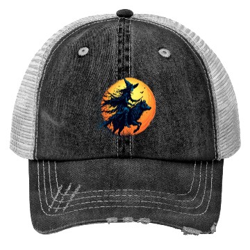 Discover Halloween Witch Riding a Wolf Under Full Moon Trucker Hats