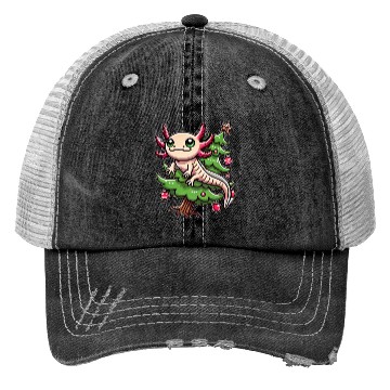 Discover Cute Axolotl Christmas Tree Comic Style Trucker Hats