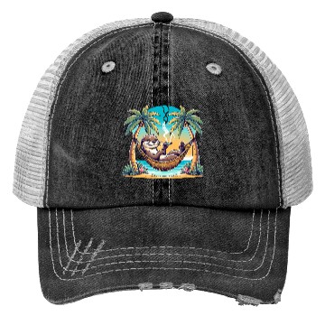 Discover Relaxed Otter in Hammock Smoking Cigar Under Palm Trucker Hats