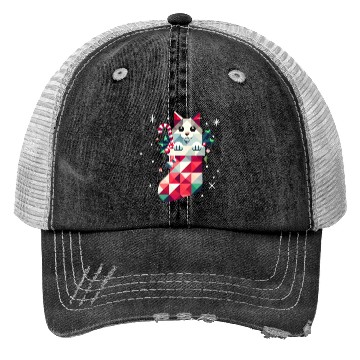 Discover cute cat in a colorful Christmas stocking Trucker Hats