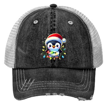 Discover Festive Penguin Wrapped in Christmas Lights & Sant Trucker Hats
