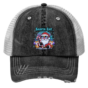 Discover Retro Santa Cartoon - Cool Cats & Candy Cane Vibes Trucker Hats