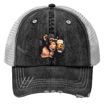 Discover Cute Chimpanzee Drinking Beer 2 Trucker Hats