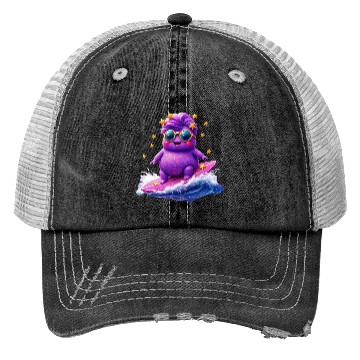 Discover Cosmic Surfing Funky Creature Design Trucker Hats