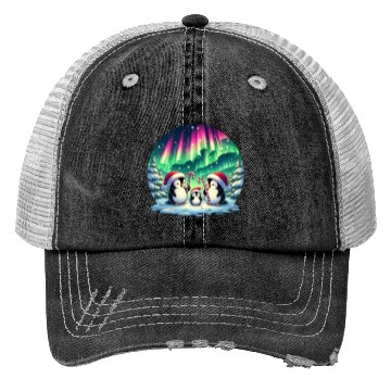 Discover Penguin Family Christmas under the Aurora Trucker Hats