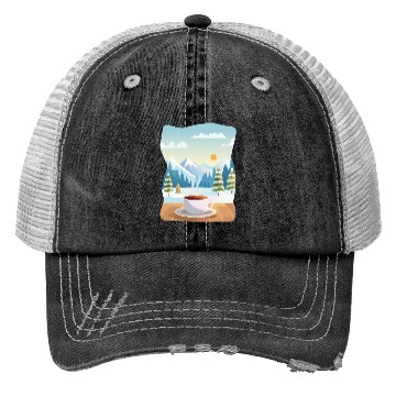Discover Coffee Cup and Winter Mountain View Trucker Hats