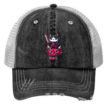 Discover Samurai Cat with Sword on Dragon in Epic 3D Effect Trucker Hats