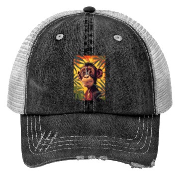 Discover Chimpanzee close-up among branches. Trucker Hats