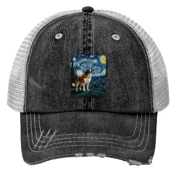 Discover Saint Bernard Howling At Moon Starry Night Van Gog Trucker Hats