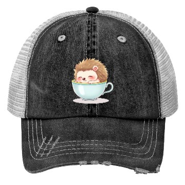 Discover Cute hedgehog relaxing in a light blue cup Trucker Hats