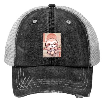 Discover Cute Kawaii Sloth Drinks Boba Tea Japanese Trucker Hats