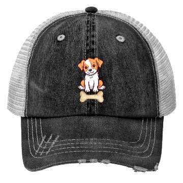 Discover Cute White and brown dog with bone Trucker Hats