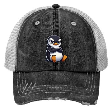 Discover Penguin cartoon skeptical look funny Trucker Hats
