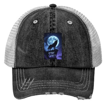 Discover Stay Wild – Majestic Wolf Silhouette Under Moon Trucker Hats