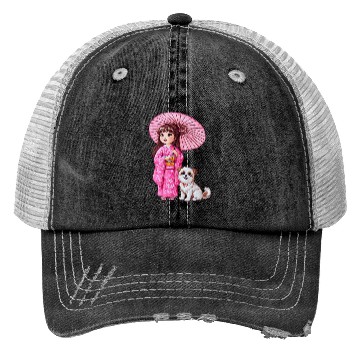 Discover Kimono Girl & Her Loyal Pup Trucker Hats
