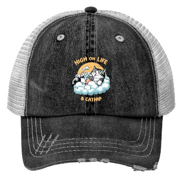Discover High on Life & Catnip - Floating Cat Art Trucker Hats