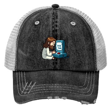 Discover Jesus Saves and Loads Trucker Hats