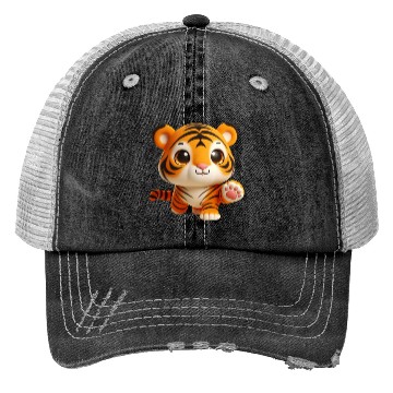 Discover Charming Baby Tiger in Playful Pose Trucker Hats
