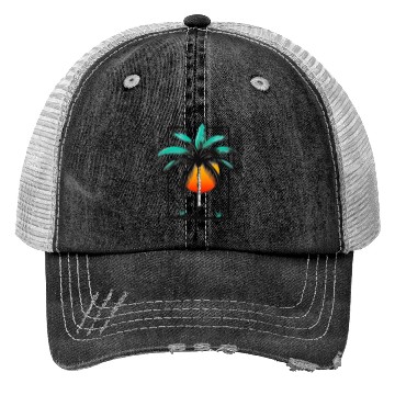 Discover Grayscale Line Drawing Of A Central palm tree Trucker Hats